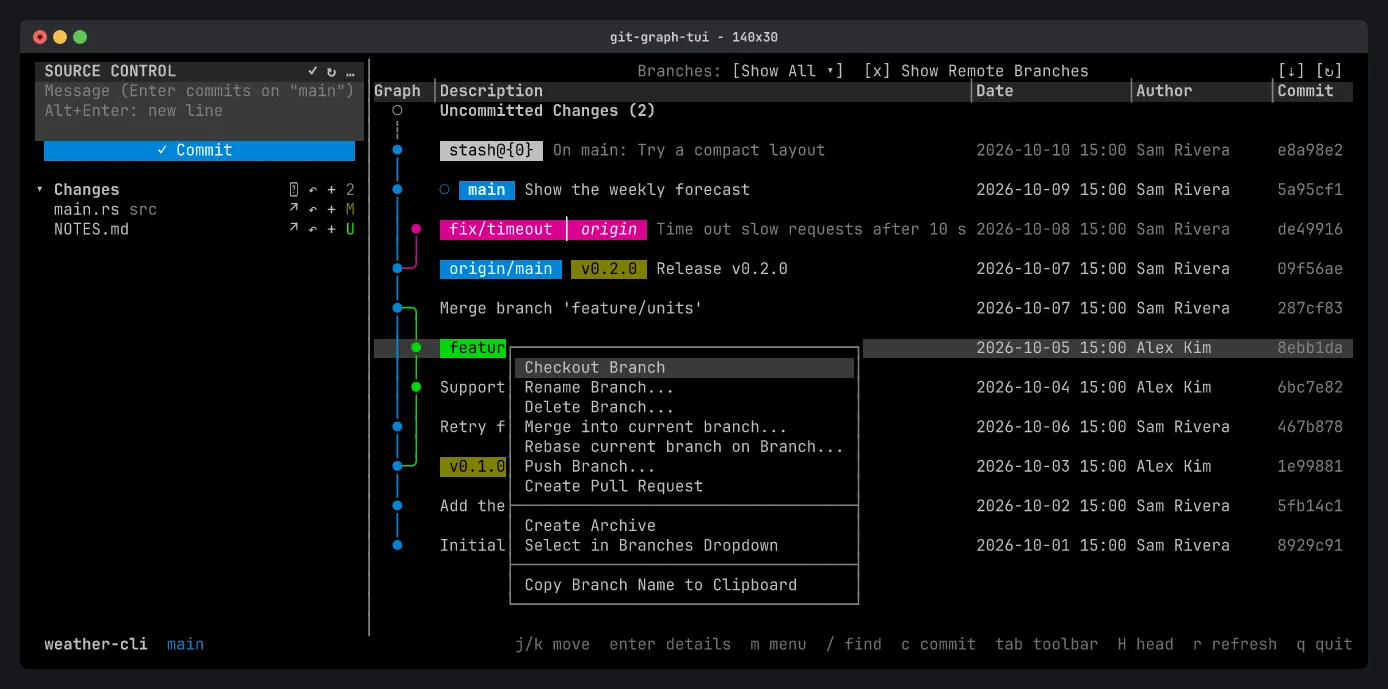 The branch menu: Checkout, Rename, Delete, Merge, Rebase, Push, Create Pull Request
