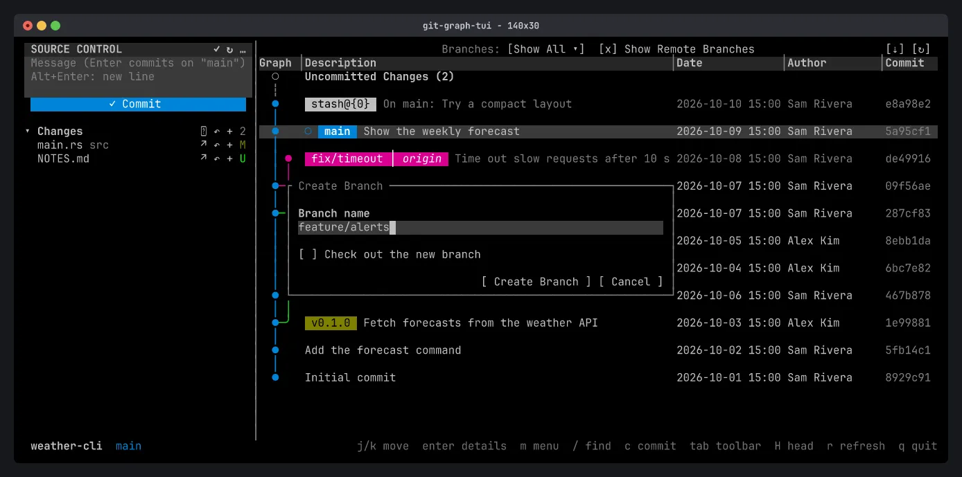 The Create Branch dialog with a branch name and a “Check out the new branch” option