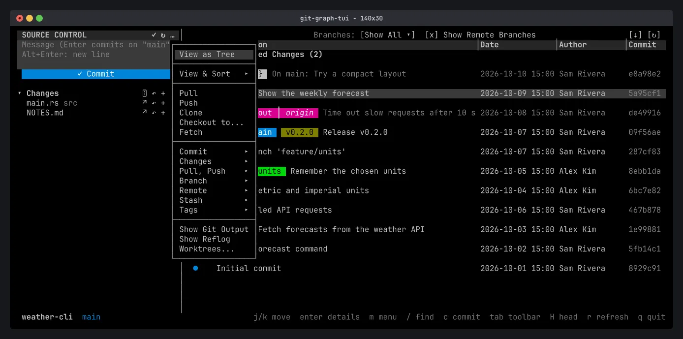 The repository menu opened from the Source Control header